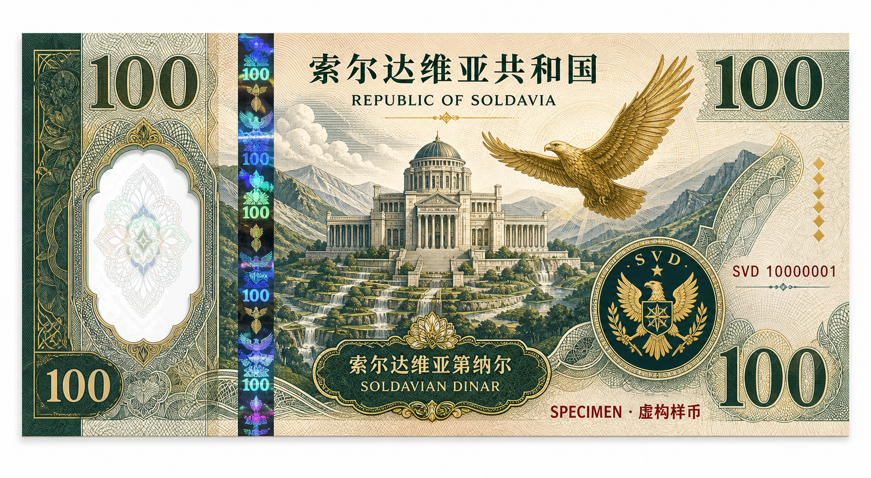 100 索尔达维亚第纳尔虚构样钞